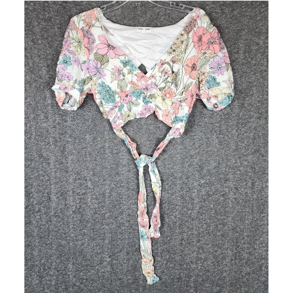 Lily Star Crop Top Womens L L915979H32 White Floral Cutout Tie Front EUC